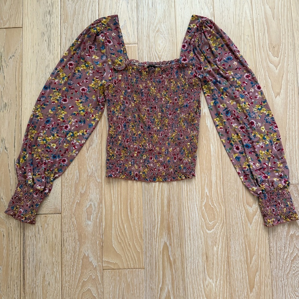 LULUS Womens Top Floral Smocked Cottagecore Boho Romantic Puff Sleeve Size S